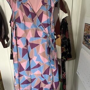 Geometric Pink and Purple faux Wrap Dress